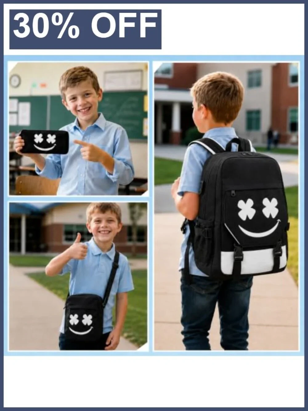 3-Piece Glow in the Dark Backpack Set with USB Port, Waterproof, School Kids